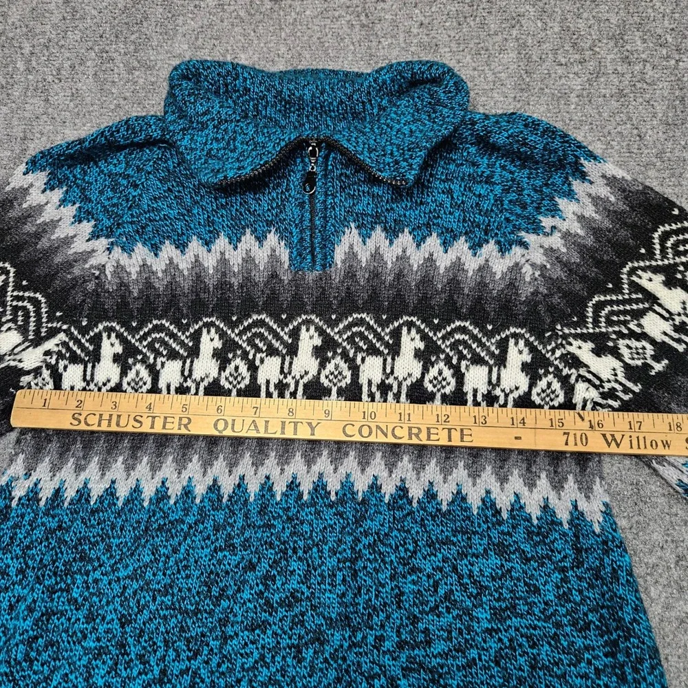 Vintage Llama Knit Half‎ Zip Sweater Medium Blue Black Marled Pattern Pullover